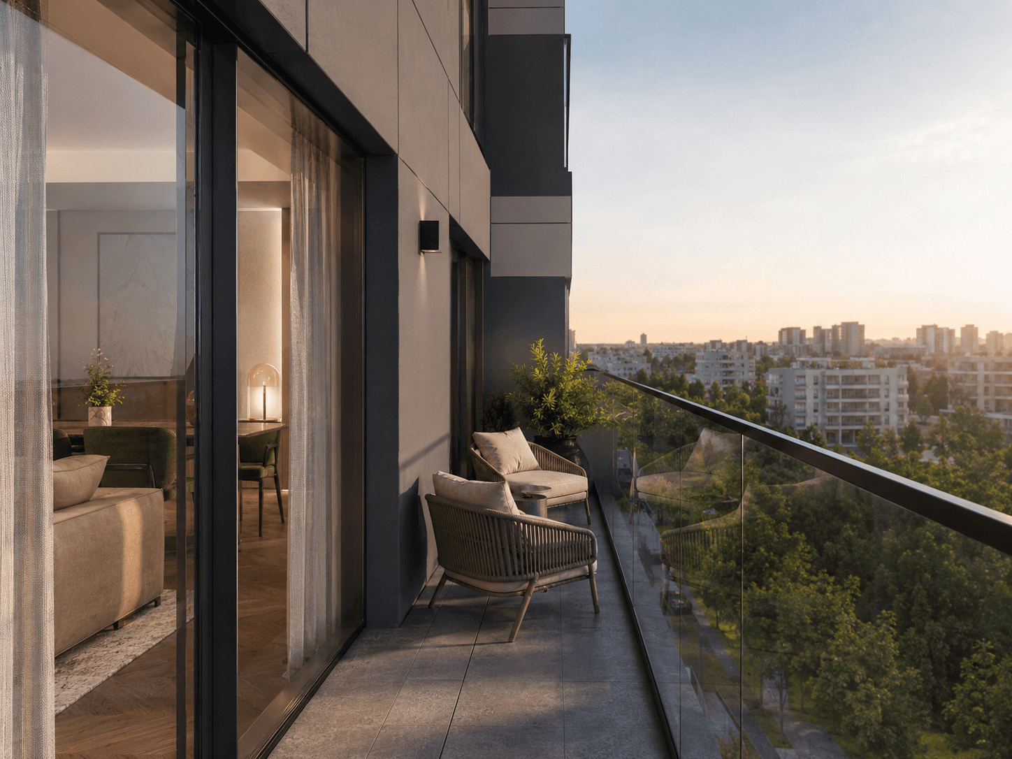 Balkon z widokiem na miasto w inwestycji Nowy Czechów — wizualizacja AI