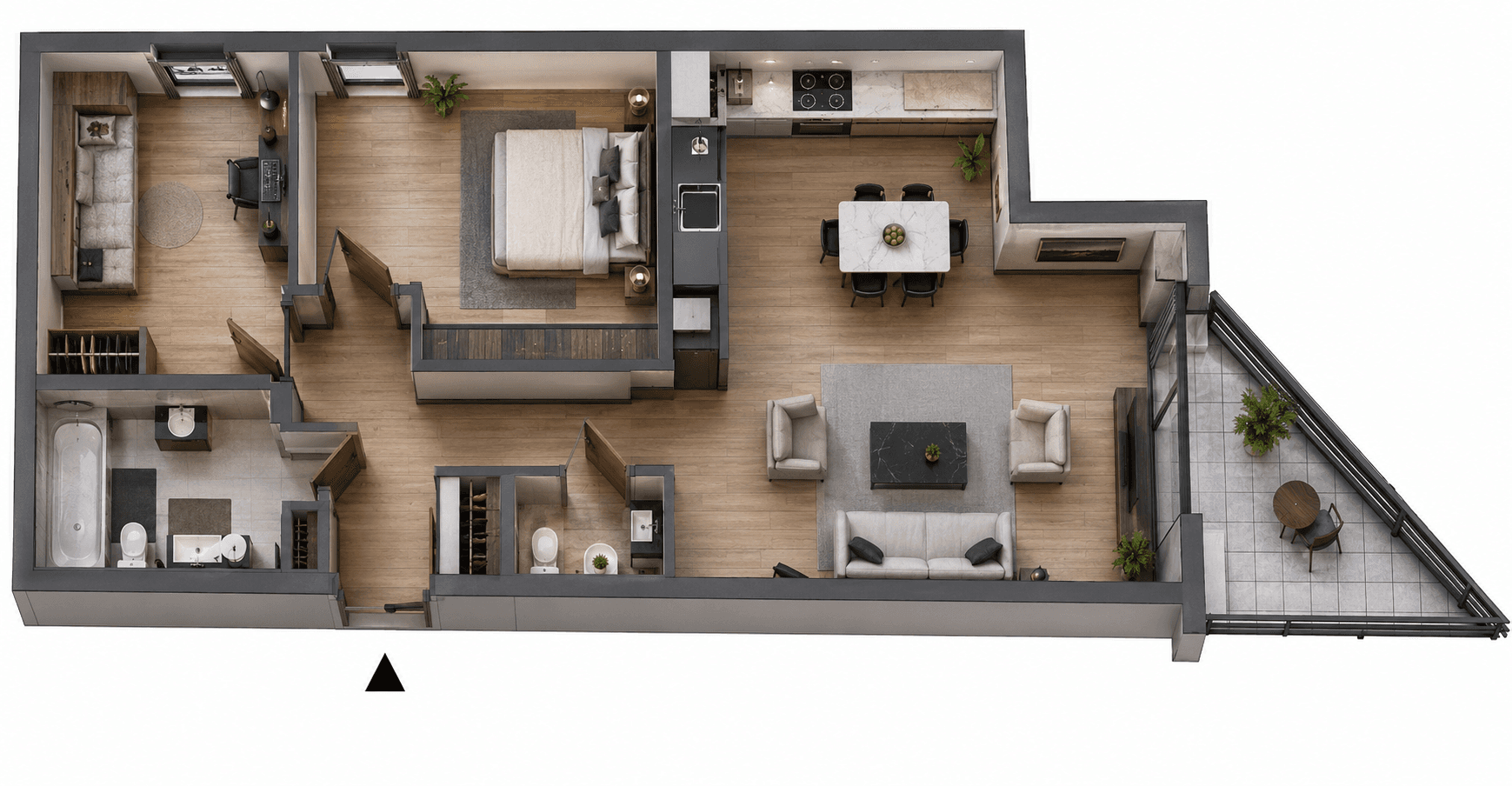 Rzut izometryczny mieszkania nr 117 w inwestycji Nowy Czechów — 63,53 m², 2 sypialnie, salon z aneksem kuchennym