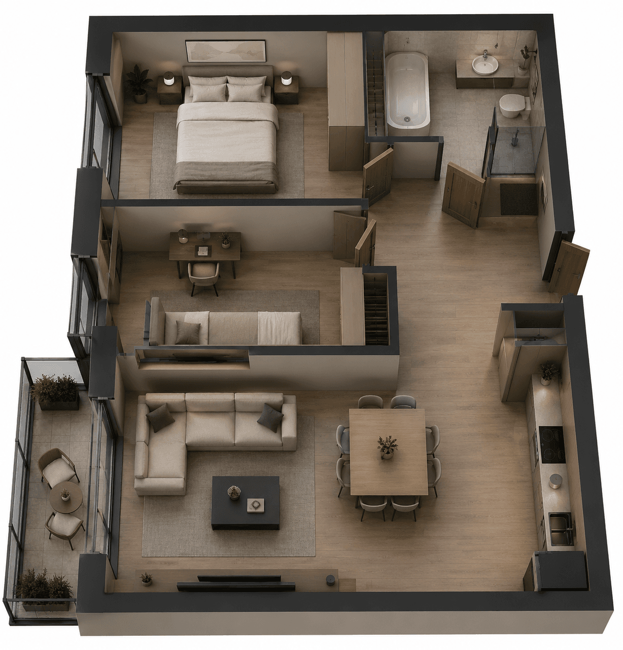 Rzut izometryczny mieszkania nr 145 w inwestycji Nowy Czechów — 59,14 m², 2 sypialnie, salon z aneksem kuchennym