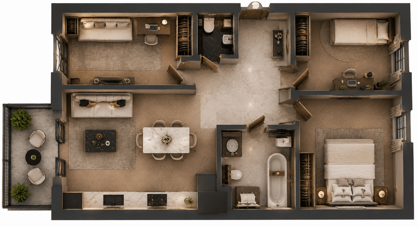 Rzut izometryczny mieszkania nr 209 w inwestycji Nowy Czechów — 63,58 m², 3 sypialnie, salon z aneksem kuchennym