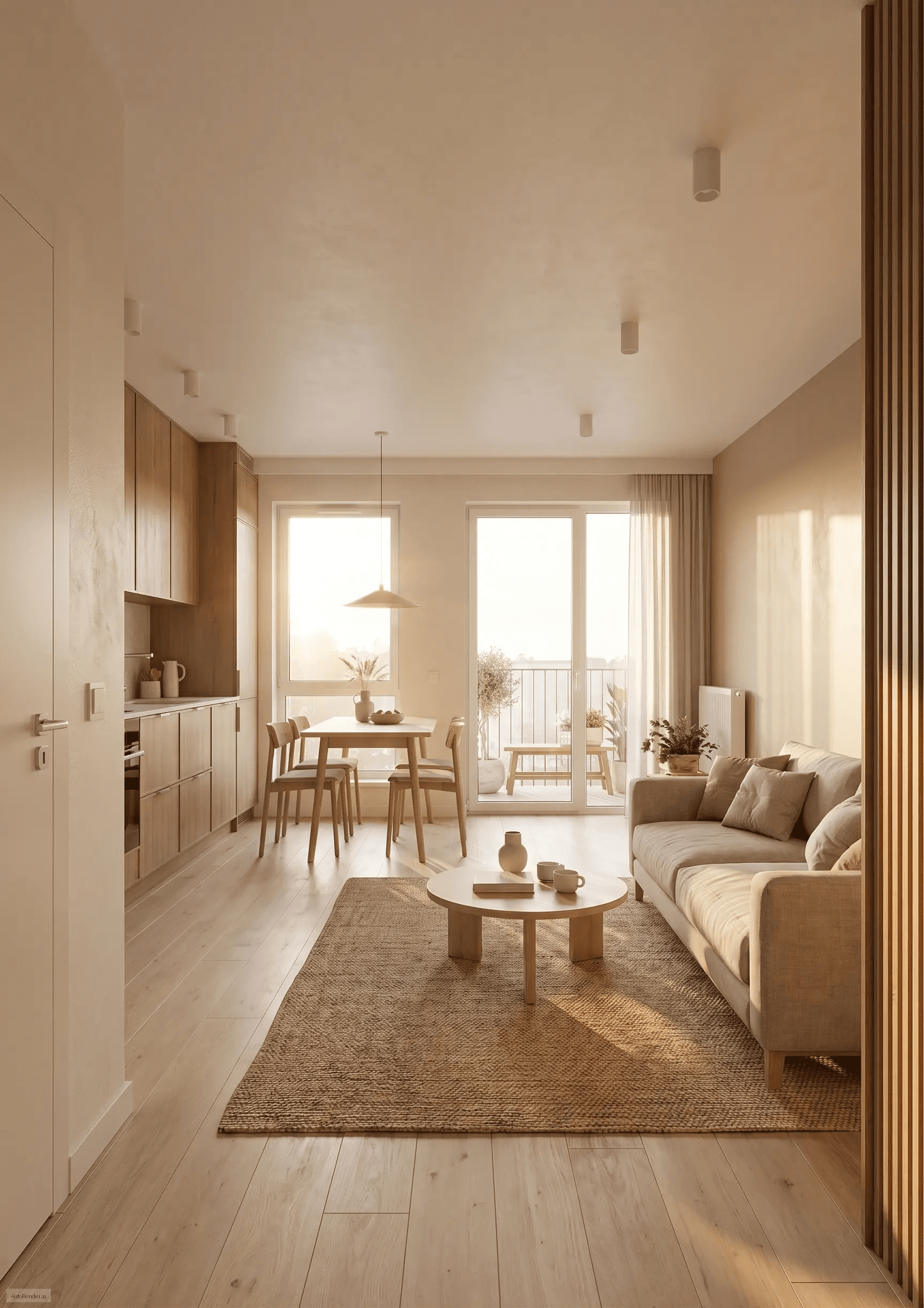 Jasny salon z naturalnym światłem i wyjściem na balkon w inwestycji Nowy Czechów — wizualizacja AI